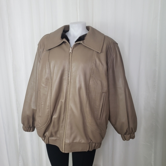 Reversible leather and faux fur coat taupe brown large unique heavy gorgeous - Picture 2 of 11